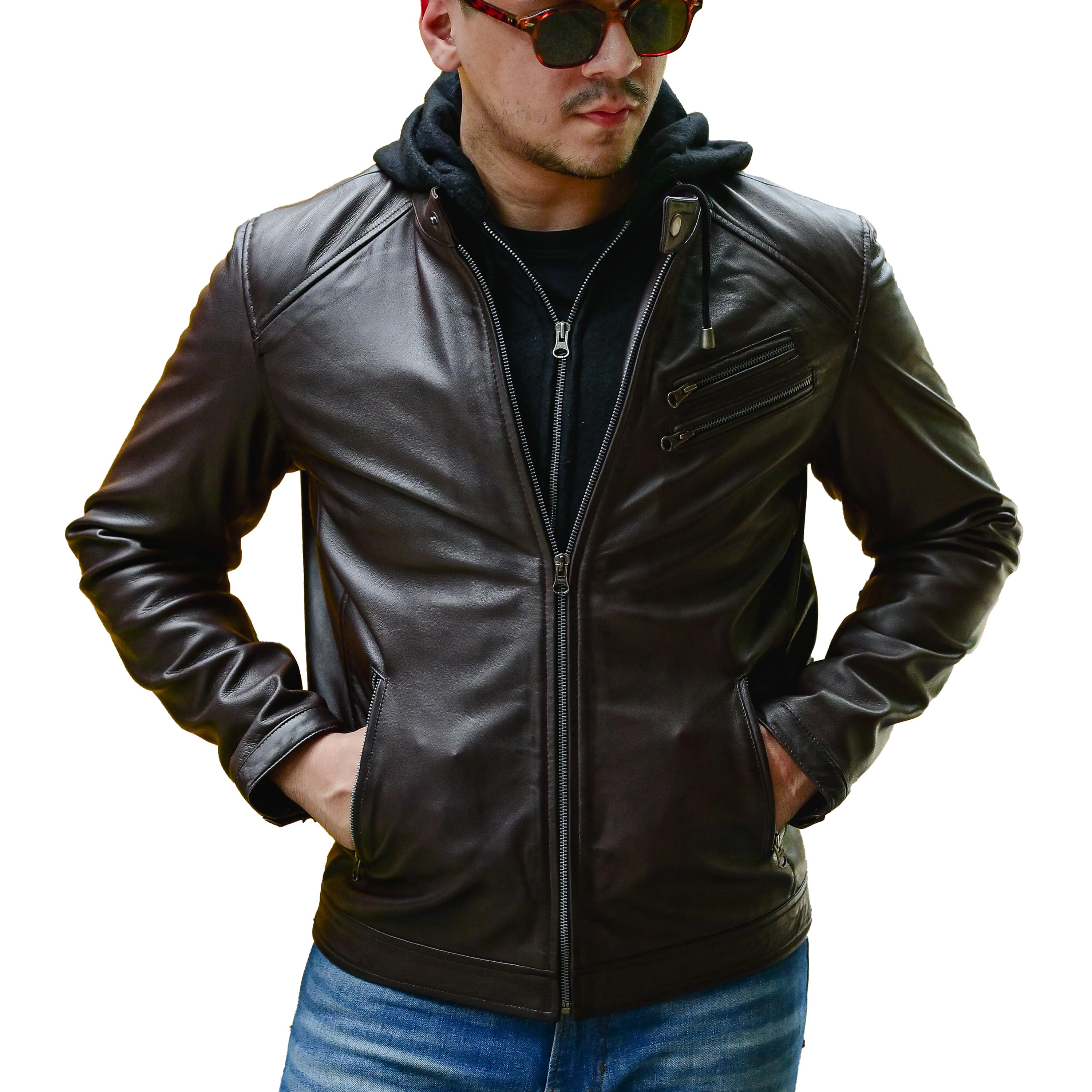 Mens Black Casual Hooded Vintage Leather Jacket with Removable Hood